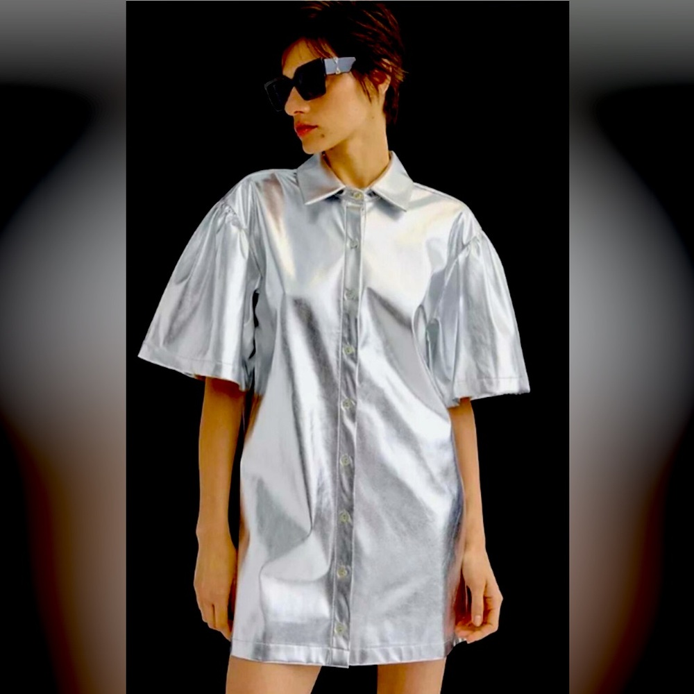 Delfi Collective Anthropologie Silver Metallic Shirt Dress Size Large